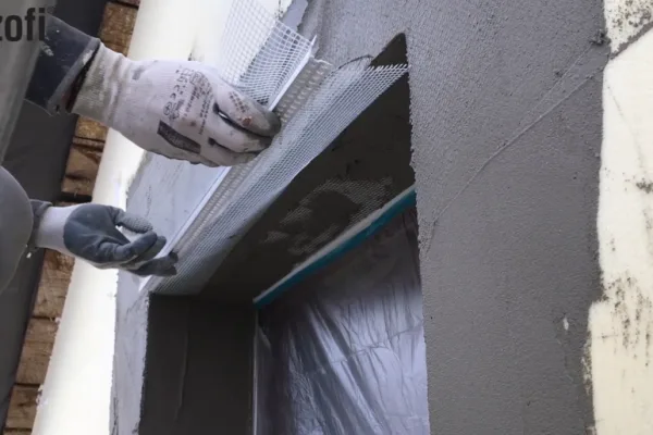 Ruční instalace síťoviny do betonu pro ostění okna.