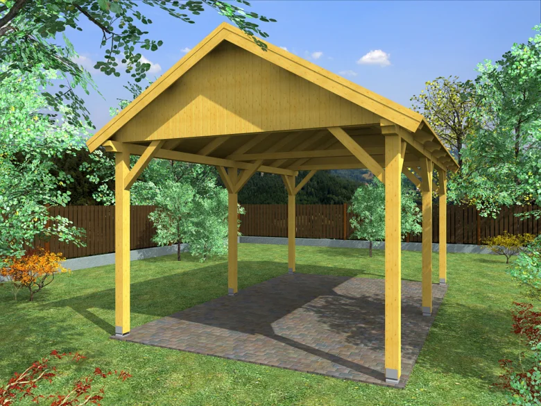 Dřevěná pergola s střechou na trávníku mezi stromy.