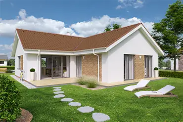 Moderní bílý bungalov do tvaru L s hnědou střechou.