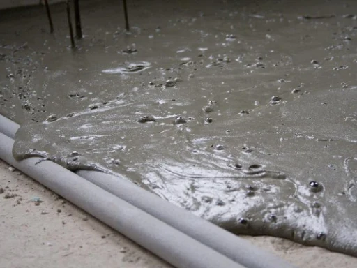 Mokrý beton nalitý kolem dvou bílých trubek na staveništi.