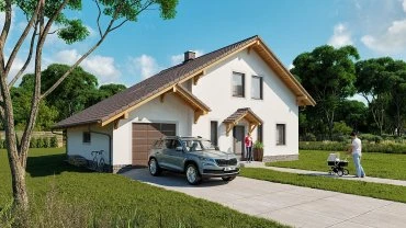 Moderní rodinný dům s garáží na pozadí zelené trávy.