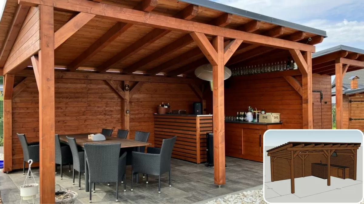 Hotová dřevěná pergola s viditelnými tesařskými spoji trámů.