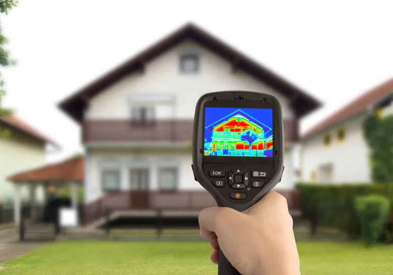 Infračervená kamera ukazuje tepelné ztráty na fasádě domu.