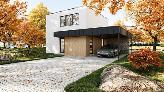 Moderní dřevostavba s garáží v podzimním prostředí