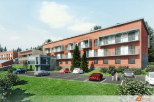 Moderní obytný dům s červenohnědou fasádou, balkóny a parkovištěm před ním.