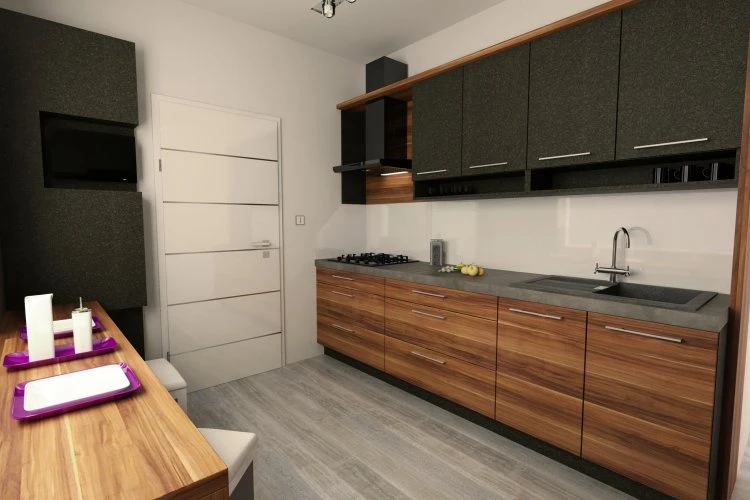Moderní kuchyně s kombinací bílých dveří a dřevěných skříní.